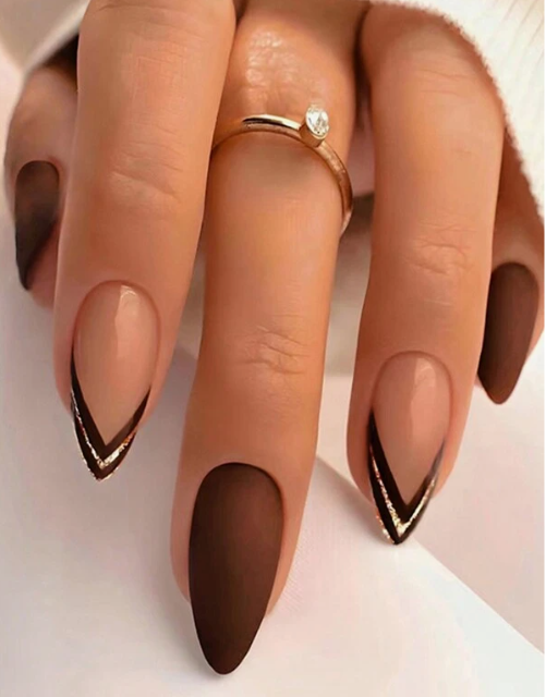 Brown Gold Stripe Press On Nails