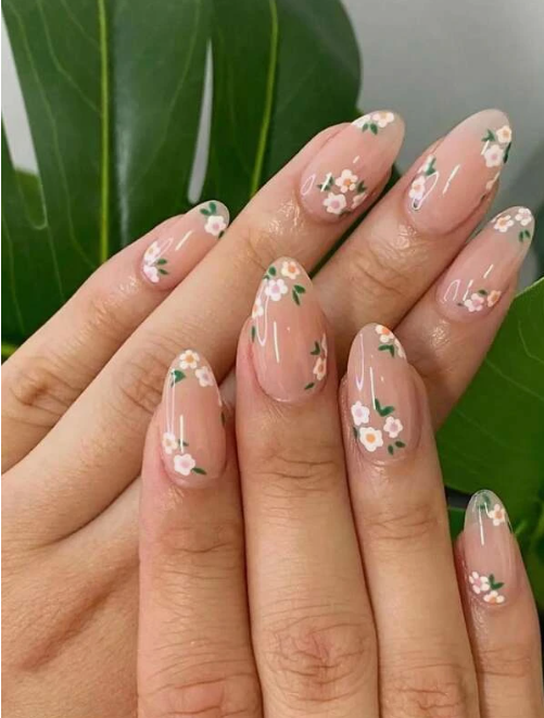 Prensa de almendras florales verdes ditzy en las uñas