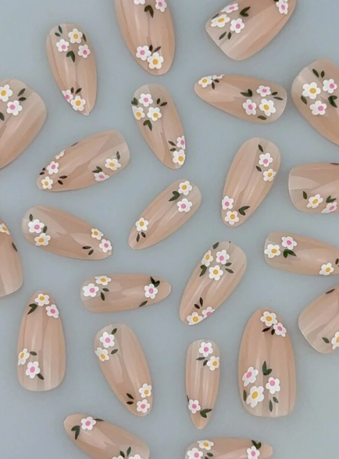 Ditzy Green Floral Almond Press On Nails