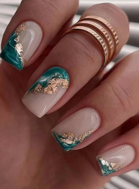 Emerald Gold Rimmed Marble Press On Nails