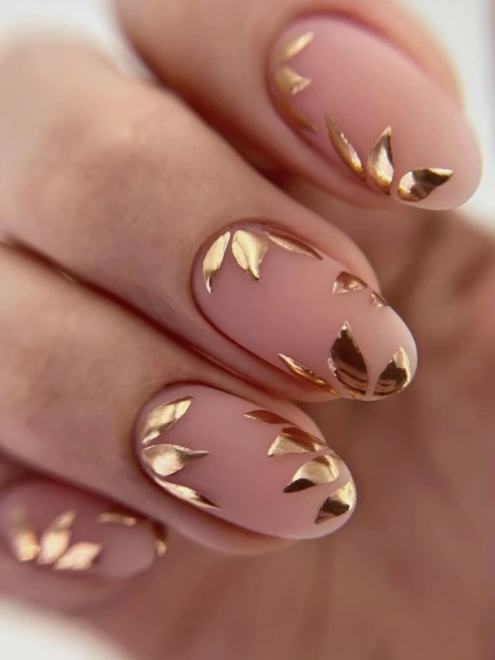 Frosted Gold Leaf Almond Press On Nails