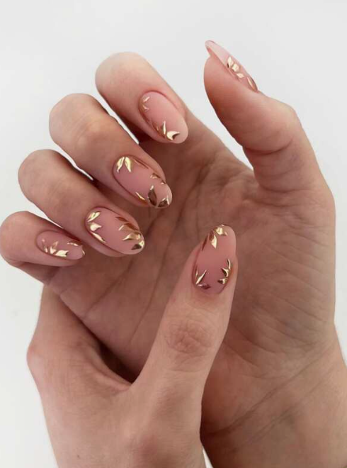 Frosted Gold Leaf Almond Press On Nails