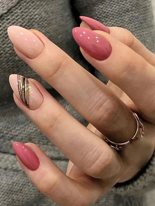 Almond Metallic Pink Stripe Accent Press On Nails