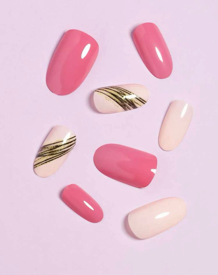 Almond Metallic Pink Stripe Accent Press On Nails