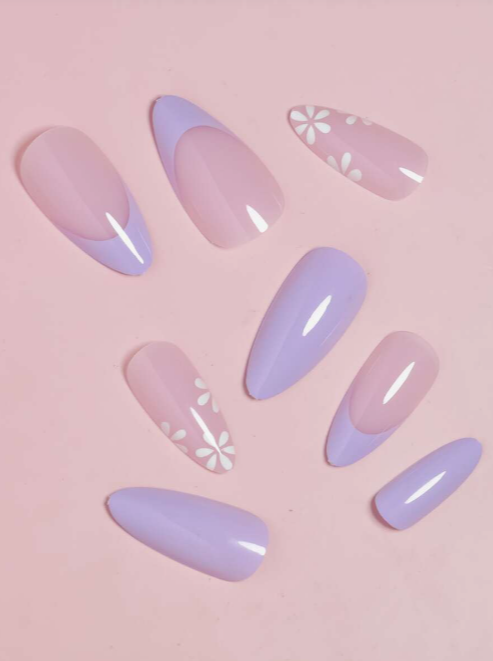 Lilac Floral Detailing Glitter Press On Nails