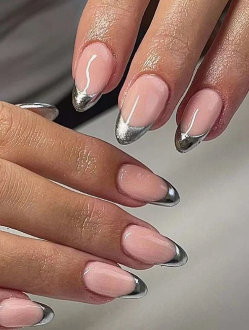 Silver Chrome Tip Almond French Manicure Press On Nails