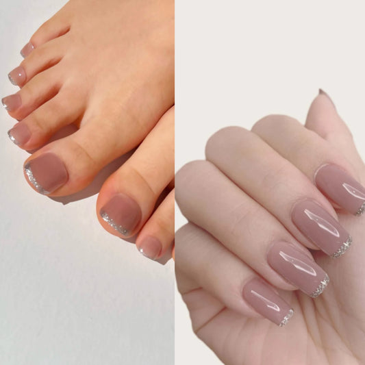 Set completo de manicura y pedicura con punta de brillo plateado rosa suave