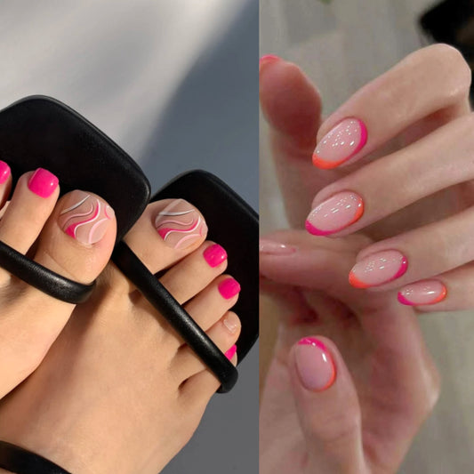 Hot Pink Marble Orange Y2K Full Manicure and Pedicure Set