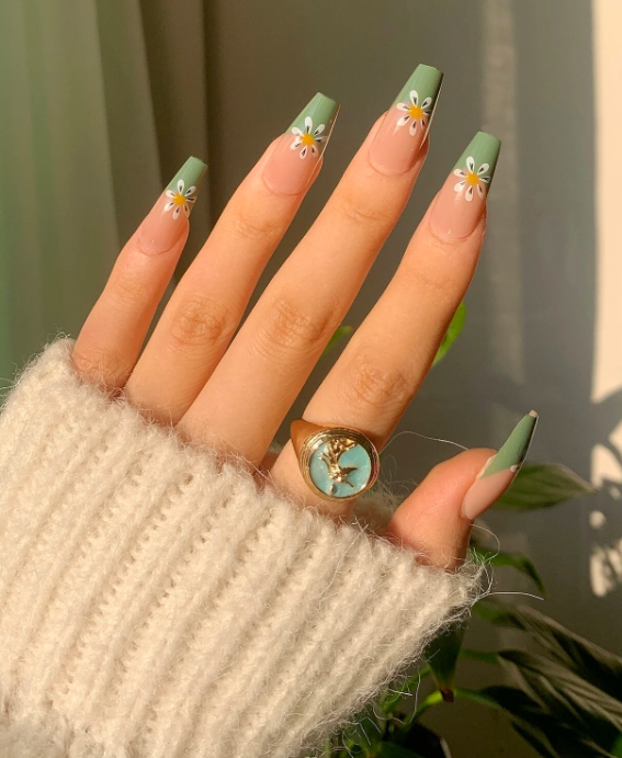 Green Coffin Floral Press On Nails