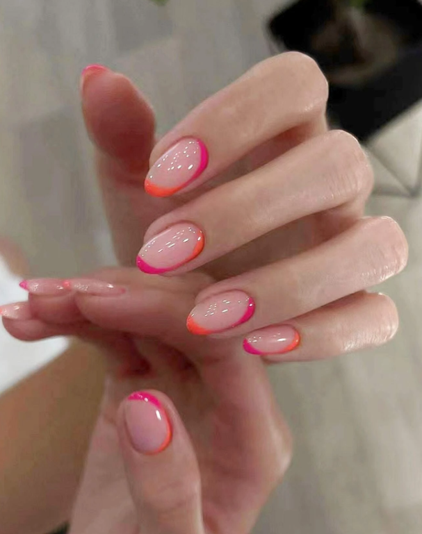 Orange Hot Pink Marble Press On Nails