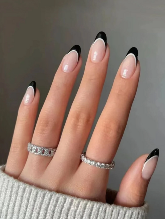 Black Almond French Tip White Rim Press On Nails