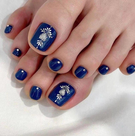 Navy White Azectic Accent Press On Toenails