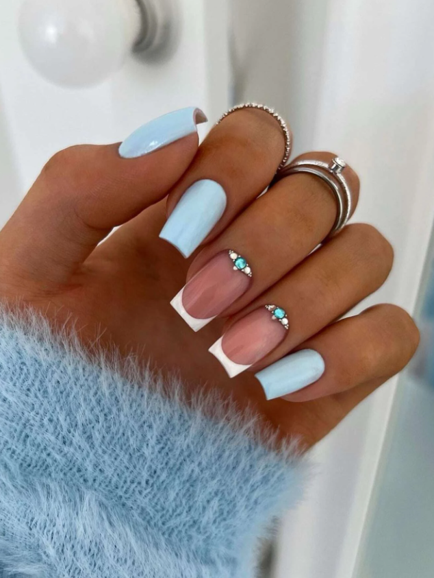 Blue Block Diamente French Manicure Press On Nails