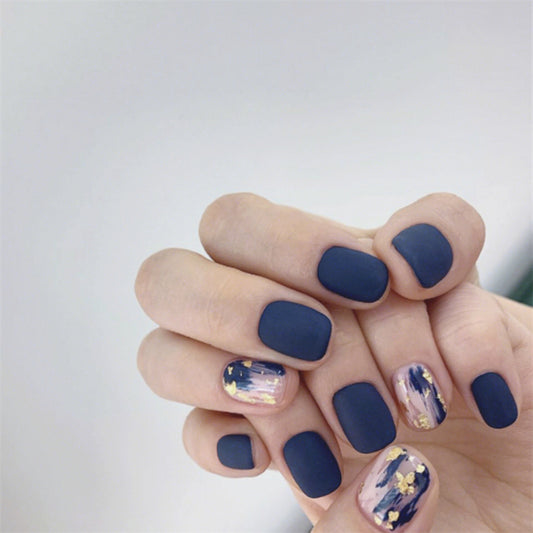 Matte Cyan Blue Short Nails Marble Foil Accent Press On Nails