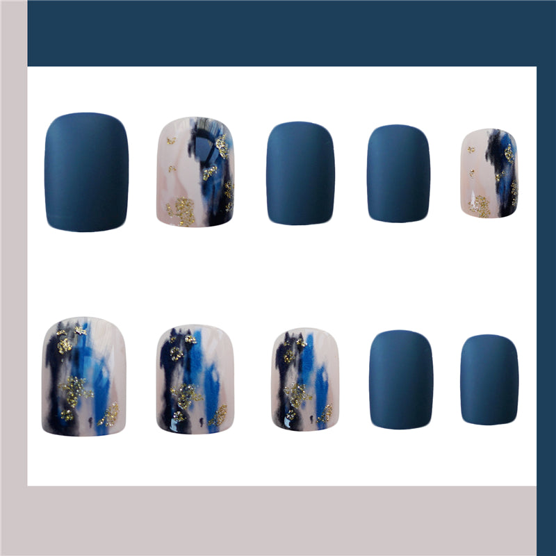 Matte Cyan Blue Short Nails Marble Foil Accent Press On Nails