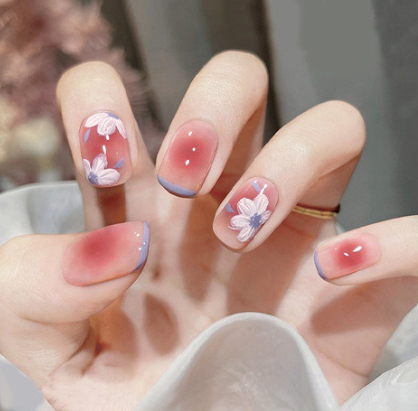 Red Pink Cherry Blossom Print Blue Press On Nails