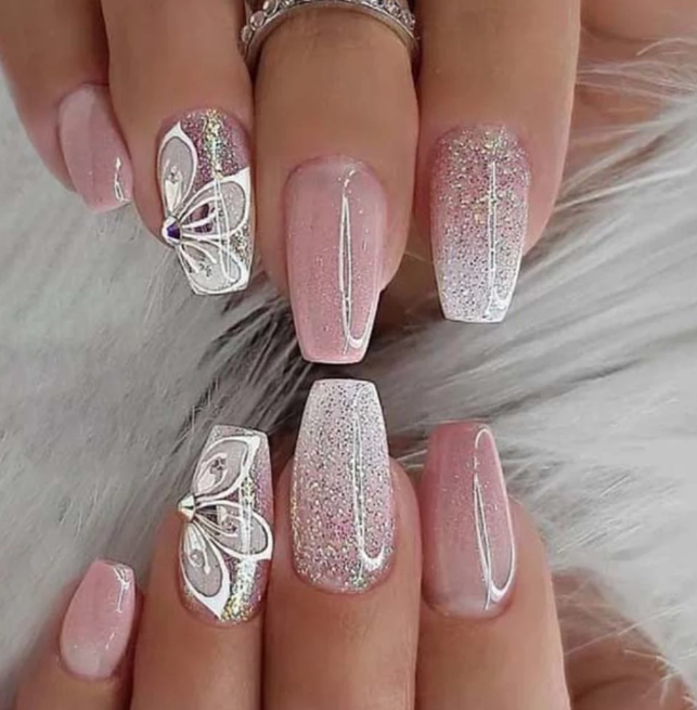 Pink Silver Glitter Accent Flower Press On Nails