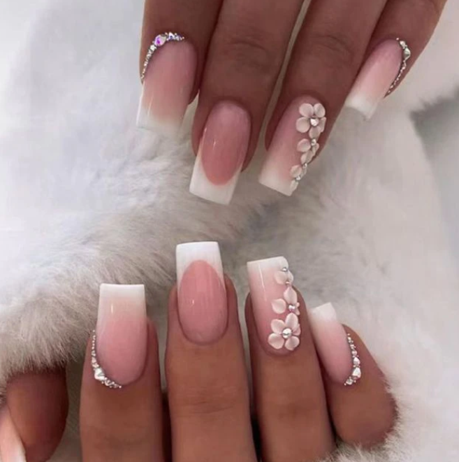 Cherry Flower Embellished White Tip French Manicure