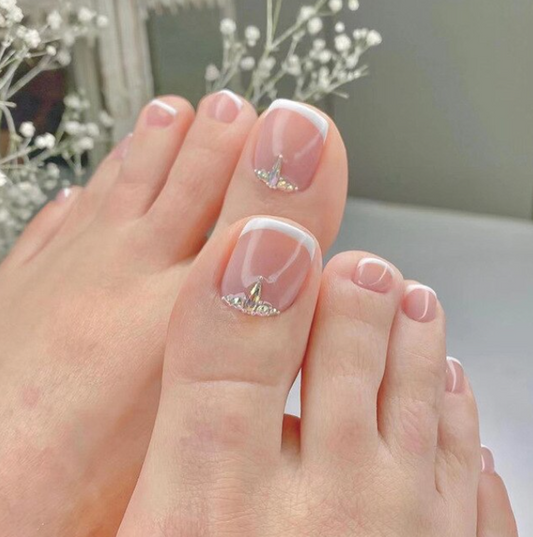 French White Tips Gemstone Embellishment Press On Toenails