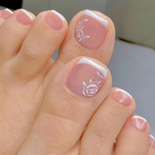 French White Tips Flower Swirly Press On Toenails