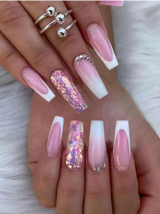 Glitzy Pink Ombre Rhinestone Press On Nails