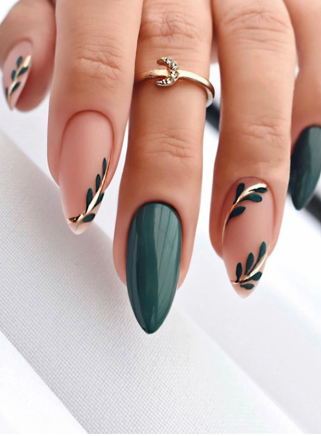 Green Gold Leaf Branch Press On Nails