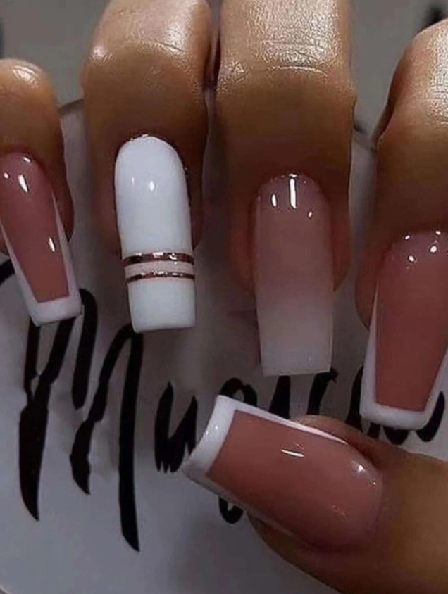 Long Ombre White Gold Stripe Press On Nails