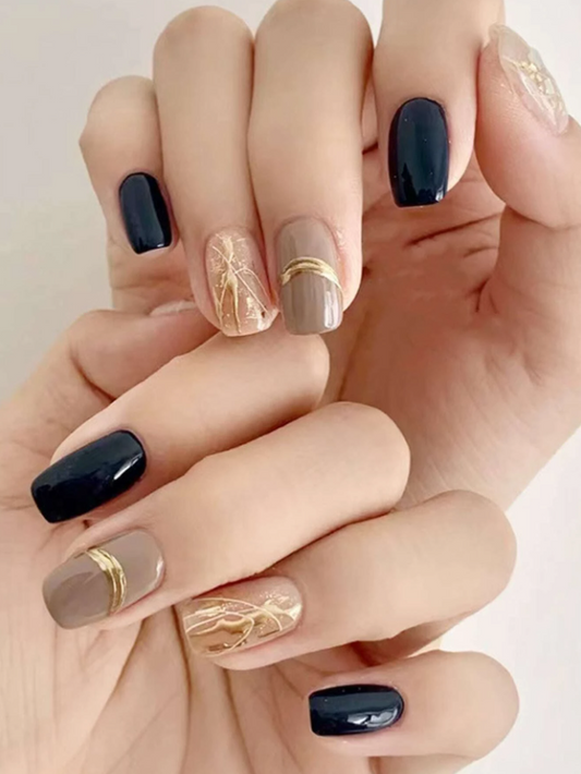 Sombre Navy Beige Stripe Press On Nails