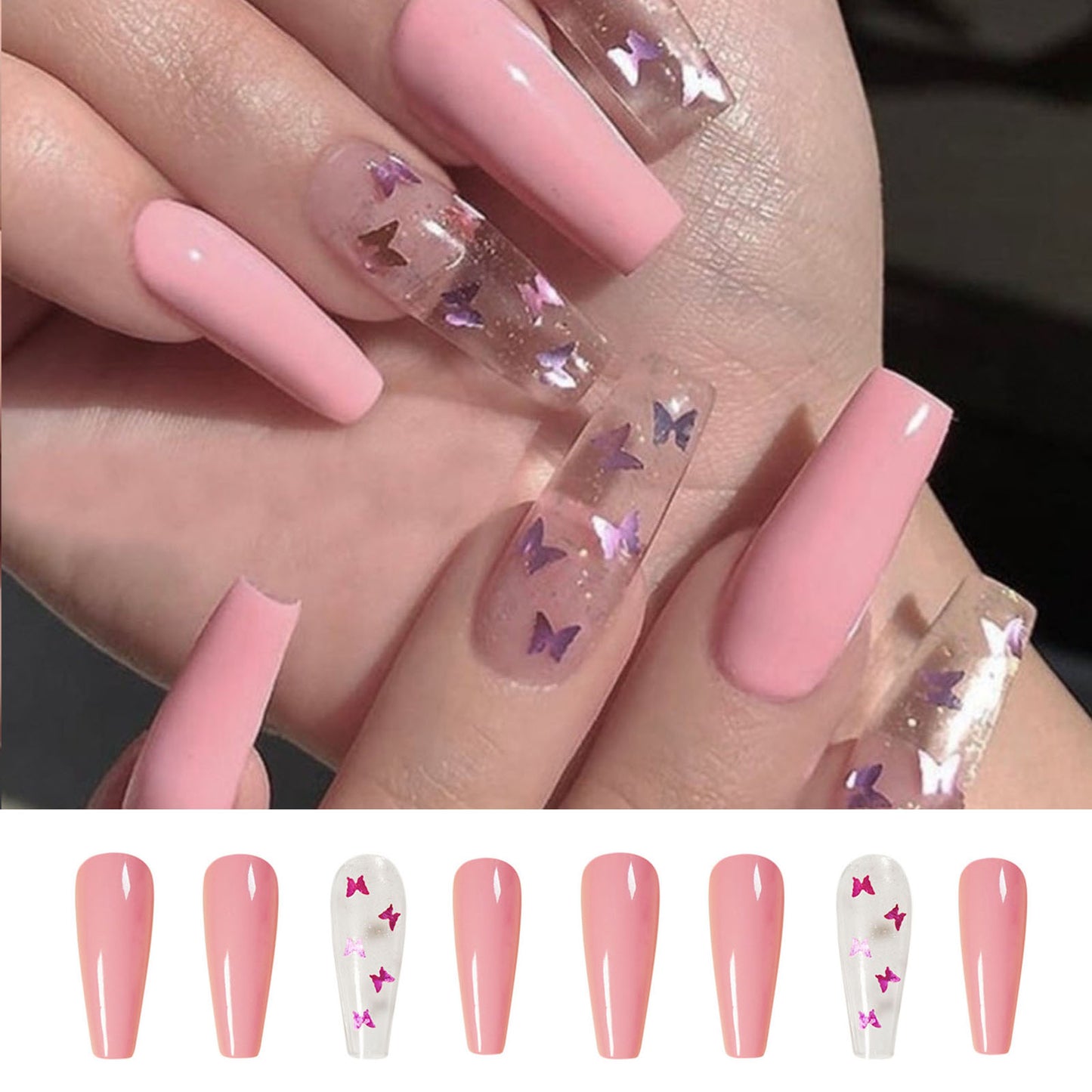 Pink Butterfly Long Press On Nails