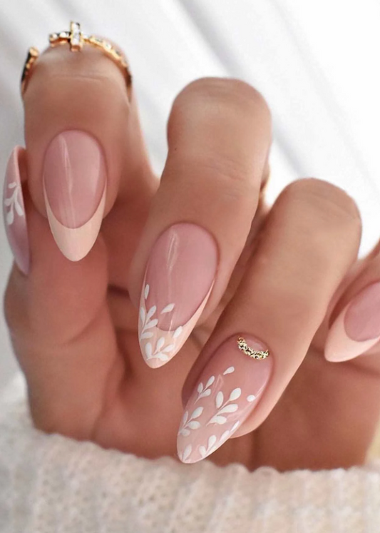 Milky Pinky Leaf Branch Press On Nails