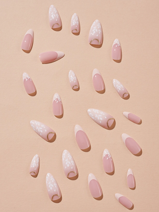 Milky Pinky Leaf Branch Press On Nails