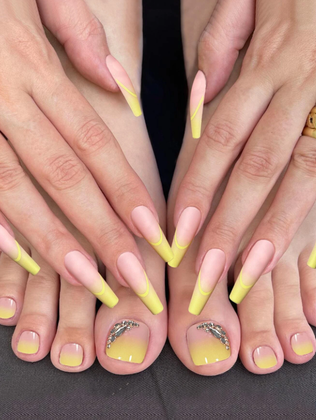 Yellow French Tip Embellished Full Manicure and Pedicure Set