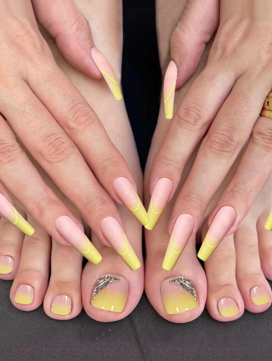 Yellow French Tip Embellished Full Manicure and Pedicure Set