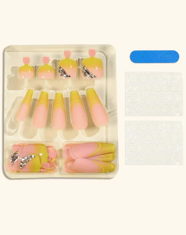 Yellow French Tip Embellished Full Manicure and Pedicure Set