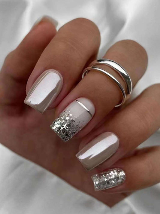 Silver Block Glitter Metallic Press On Nails