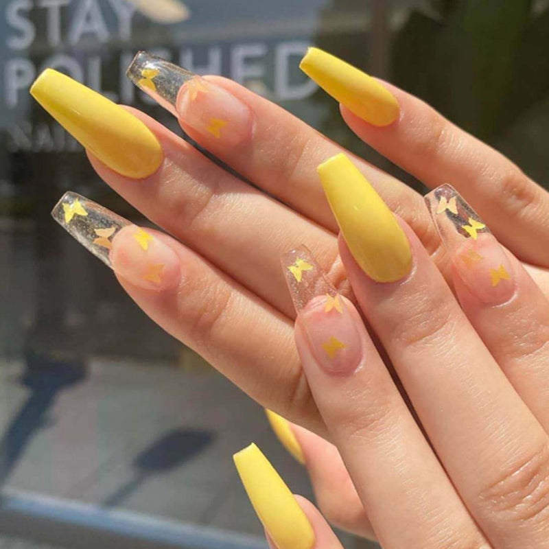 Yellow Butterfly Long Press On Nails